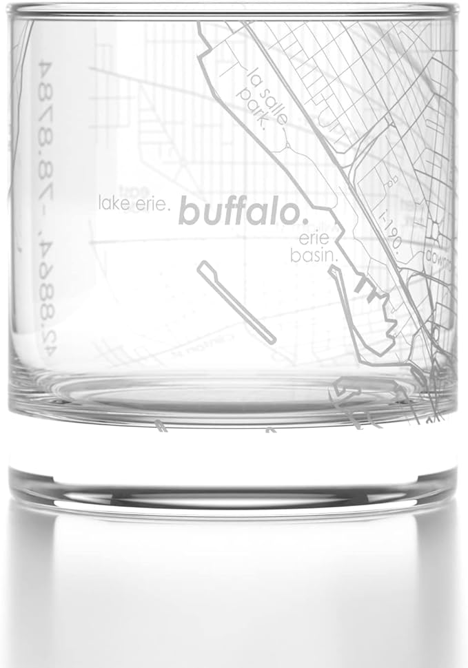 Well Told Engraved Buffalo New York Map Rocks Glass, Old Fashioned Whiskey Glass (11 oz, Clear) Etched Whiskey Glass, Gifts For Whiskey Lovers