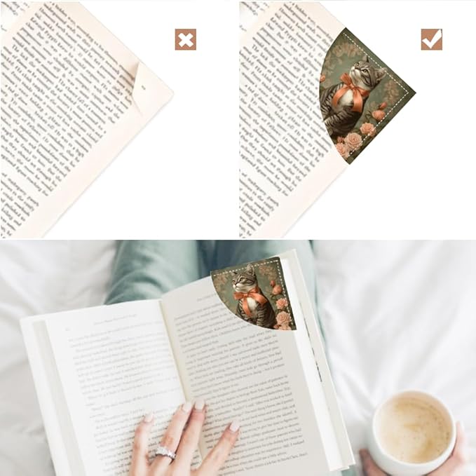 2PCS Leather Bookmarks 3.54 x 3.54 Inch Vintage Cat with Bow and Roses Design Reading Accessories for Books Journals Bibles Travel Diary Students Teachers and Book Lovers Gift
