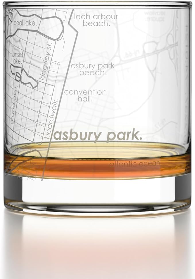 Well Told Engraved Asbury Park New Jersey Map Rocks Glass, Old Fashioned Glassware (11 oz, Clear) Etched Bourbon Tumbler, Gifts For Whiskey Lovers