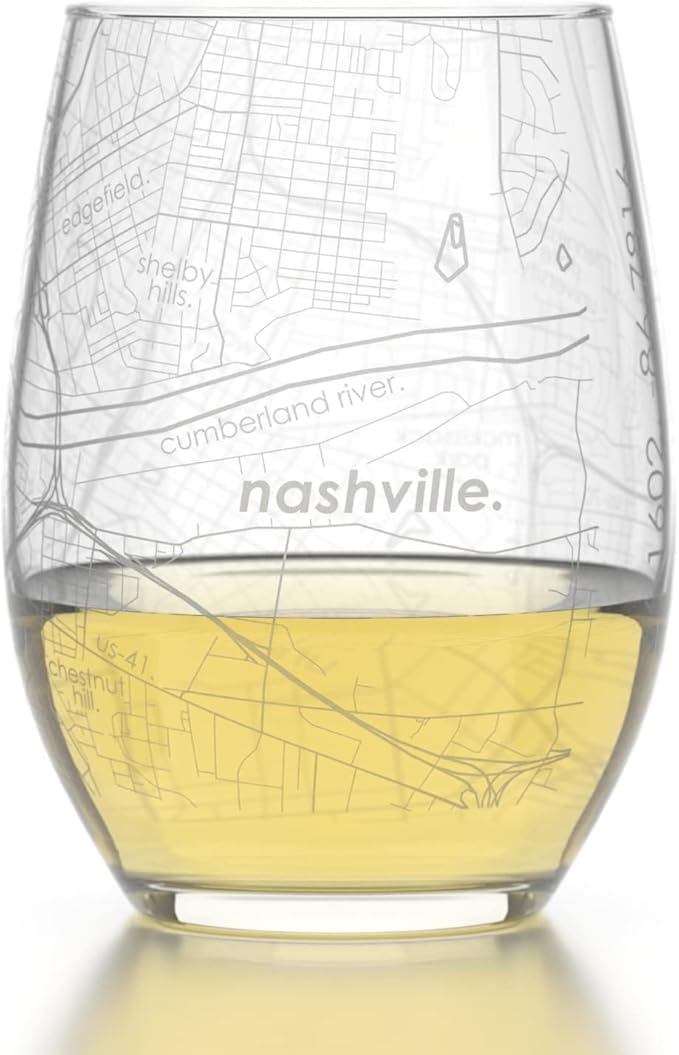Well Told Engraved Nashville Tennessee Map Stemless Wine Glass, Etched Glassware (15 oz, Clear) City Map Gift, Custom Barware, Gifts for Wine Lovers
