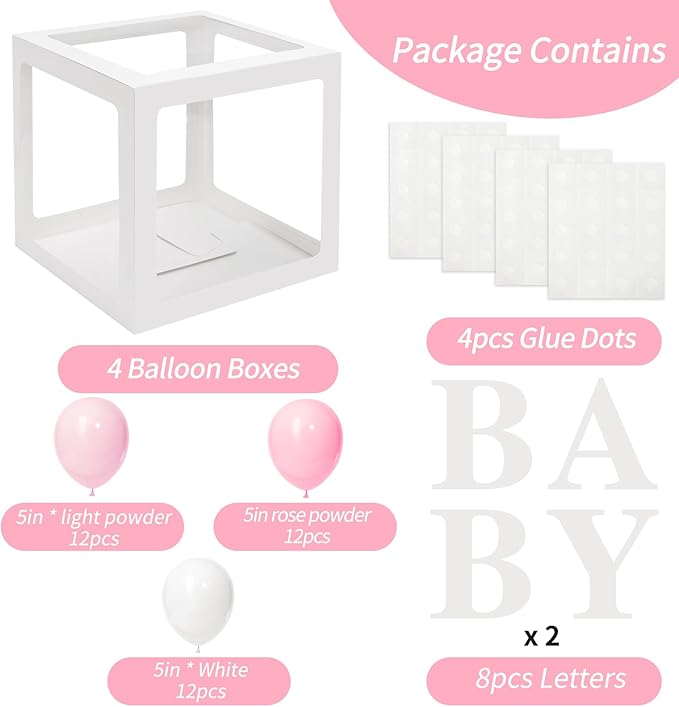 RUBFAC Baby Boxes for Baby Shower Decoration with 8 Letters and 36 Balloons 4pcs Clear Balloon Boxes BABY Blocks for Girls Birthday Party Decorations(Pink)