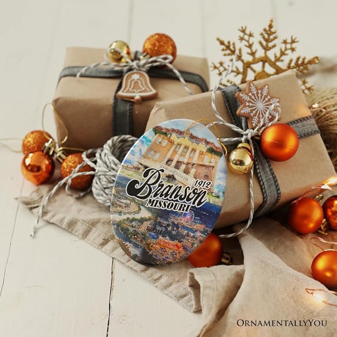 Culturally Vibrant Branson City Ceramic Ornament, Missouri Souvenir and Christmas Tree Decor (Oval)