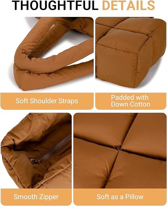 Herald Puffer Tote Bag for Women, Large Quilted Puffy Handbag Lightweight Satchel Purse with Cup Holder & Compartment