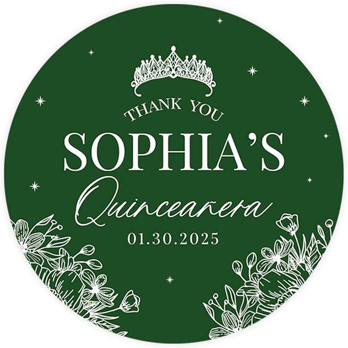 Andaz Press 40-Pack Personalized 2" Round Circle Quinceañera Labels, Crown Floral Line Custom Thank You Sticker Labels for Quince Favors, Invitations, 15th Birthday Quinceanera Decorations