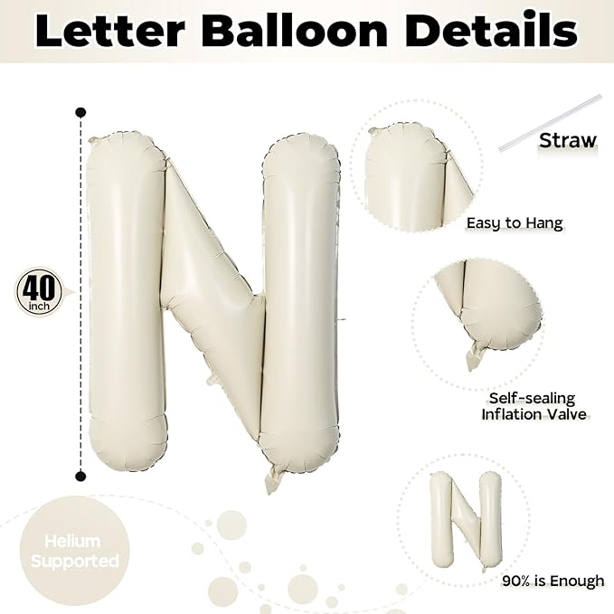 40 Inch Beige One Balloons for 1st Birthday, Cream White Sand One Balloon Letters with Ribbon, Neutral Ivory Alphabet One Balloon for Boys Girls First Birthday 1 Year Old Baby Shower Party Decorations
