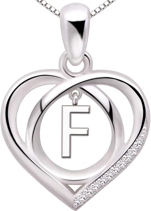 ALOV Jewelry Sterling Silver Initial Letter Alphabet Love Heart Cubic Zirconia Pendant Necklace