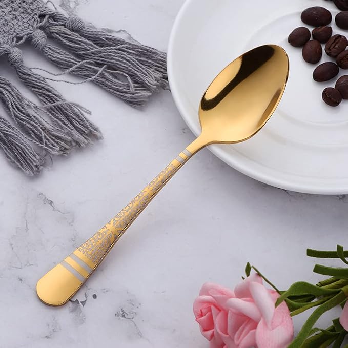 Gold Unique Pattern Design Coffee Espresso Spoons Mini, Mingcheng Stainless Steel Small Teaspoons Silverware Set of 12, BISDARUN 5.5 Inches Food Spoons for Demitasse Dessert Tea