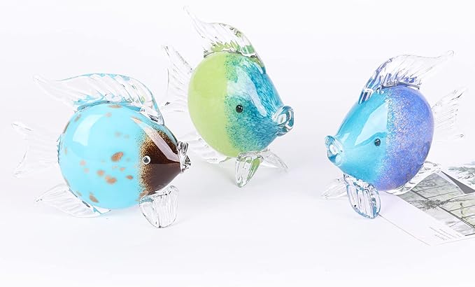 Large Glass Fish Figurines Hand Blown Glass Fish Statue and Sculpture Home Decor, Murano Animal Tropical Sea Glass Paperweights for Desk, Glass Aquarium Coastal Beach Decorative (Dark Blue)