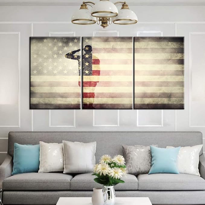 Native American Flag Picture Soldier Saluting Silhouette Paintings 3 Piece Canvas Wall Art for Living Room Stars Stripes Artwork Home Decor Giclee Framed Ready to Hang Posters and Prints(60''Wx 28''H)