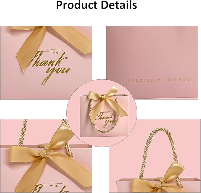 TKSBAG 50Pack Small Thank You Gift Bags With Handles-5.5''x 2.5''x4.7'' Mini Pink Gift Bags Bulk for Baby Shower, Birthday, Wedding, Party Favors
