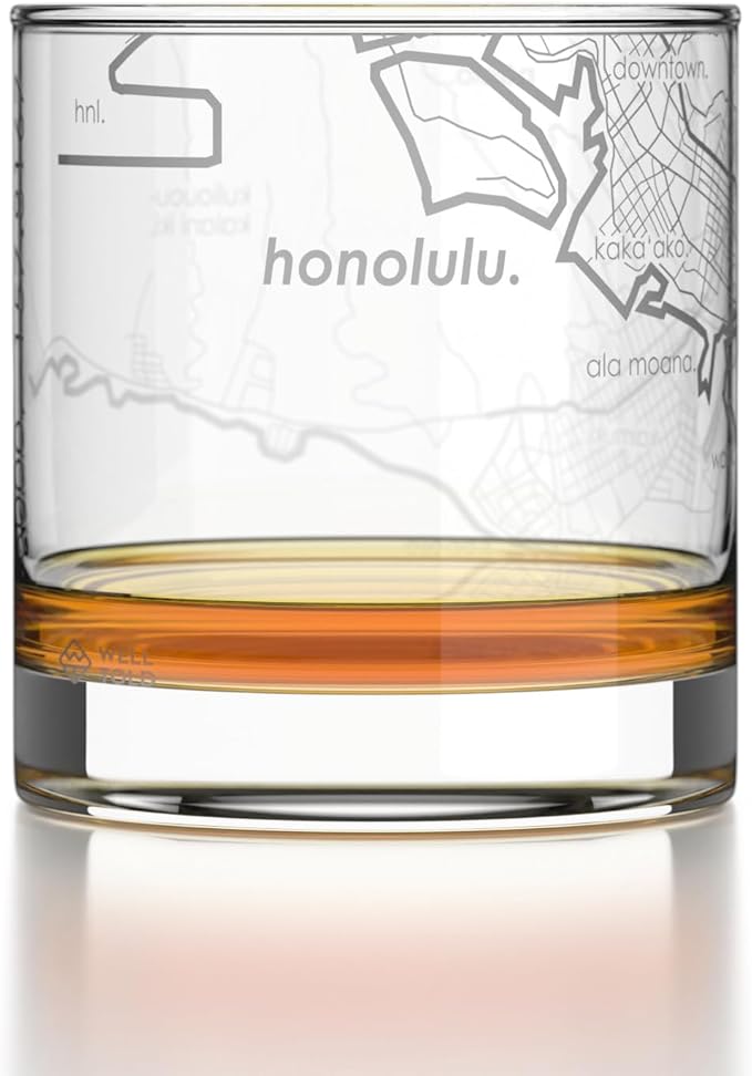 Well Told Engraved Honolulu Hawaii Map Rocks Glass, Old Fashioned Glassware (11 oz, Clear) Etched Bourbon Tumbler, Gifts For Whiskey Lovers