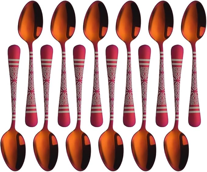 Rainbow Red Unique Pattern Design Coffee Espresso Spoons Mini, Mingcheng Stainless Steel Small Teaspoons Silverware Set of 12, BISDARUN 5.5 Inches Food Spoons for Demitasse Dessert Tea