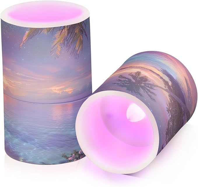ALAZA Blue Green Sea Water Palm Trees Tropical Flowers Flickering Flameless Candles Battery Operated with Remote Timer,Tea Light Candles LED Pillar Votive Candles Set of 2 for Outdoor Indoor