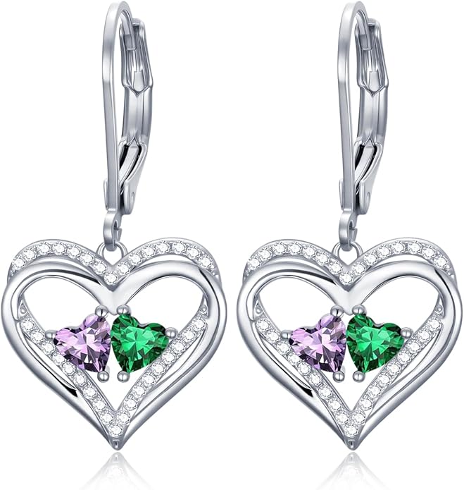 Heart Leverback Earrings Double Birthstone Dangle Earrings for Women, Love Jewelry for Her, Christmas Gifts for Women, Anniversary Birthday Gift for Mom Wife Girlfriend
