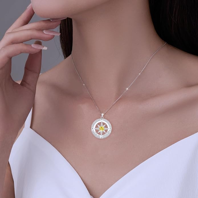 S925 Necklace Birthstone Compass Gift for Women Jewelry Sterling Silver Necklace for Wife Wedding Anniversary Girlfriend Birthday Gifts for Her Valentines Day Mom Mothers Day