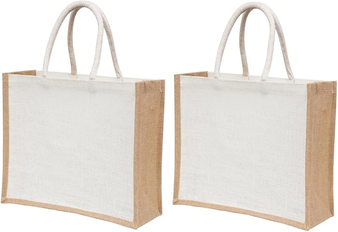 2 Pack Large Jute Tote Bags with Handles 15.8"x11.9"x5.9", Reusable Burlap Gift Bags for Shopping, Beach, Weddings & Return Gift Bag