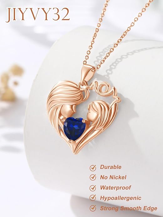 Mother and Daughter/Son Love Heart Necklace White Gold/14K Gold/Rose Gold Birthstone Jewelry Christmas Mothers Day Birthday Gifts For Mom Wife Grandma Women