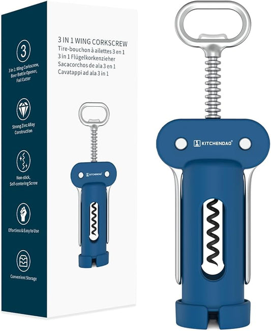 KITCHENDAO 3 in 1 Wing Corkscrew Wine Bottle Opener with Foil Cutter, Built-in Beer Bottle Opener, Multifunctional Wine Opener with Non-Stick Sharp Screw, Easy to Use, Manual Wine Corkscrew, Blue