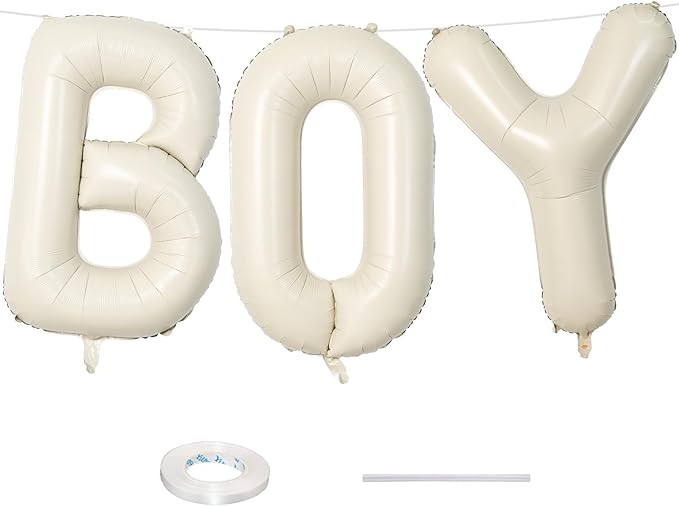 40 Inch Beige BOY Balloons, Large Cream White Sand BOY Balloon Letters with Ribbon, Ivory Alphabet Boy Balloon for Him Birthday Baby Boys Shower Boy or Girl Gender Reveal Party Decorations Supplies