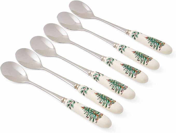 Spode Christmas Tree Teaspoons – Set of 6, Holiday Silverware for Desserts & Beverages, Stainless Steel Flatware with Porcelain Handles, 6-Inch Festive Dessert Spoons, Gift-Boxed