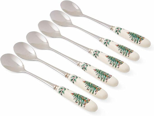 Spode Christmas Tree Teaspoons – Set of 6, Holiday Silverware for Desserts & Beverages, Stainless Steel Flatware with Porcelain Handles, 6-Inch Festive Dessert Spoons, Gift-Boxed