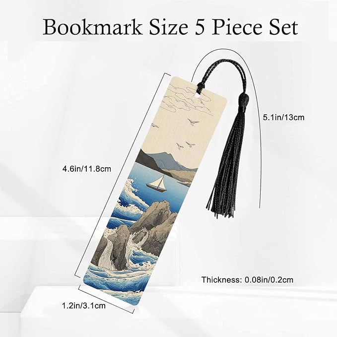 Ocean Waves Bookmarks 5 Pcs with Tassels Rocks Sailboat Seagulls Wooden Bookmarks for Reading Women Students Teacher Reader