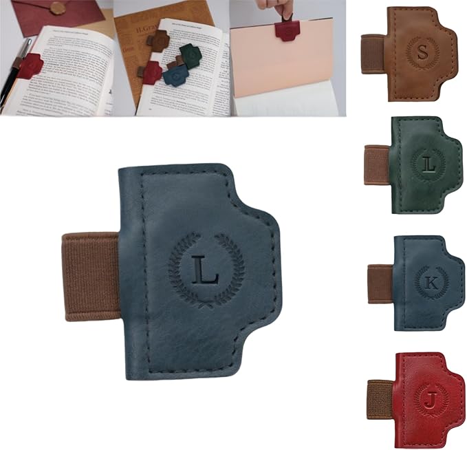Personalized Magnetic Bygone Mark Bookmark with Pen Holder, 26 Letters Name Initial Custom Leather Book Mark for Women, Gifts for Book Lovers and Readers (Blue,L)