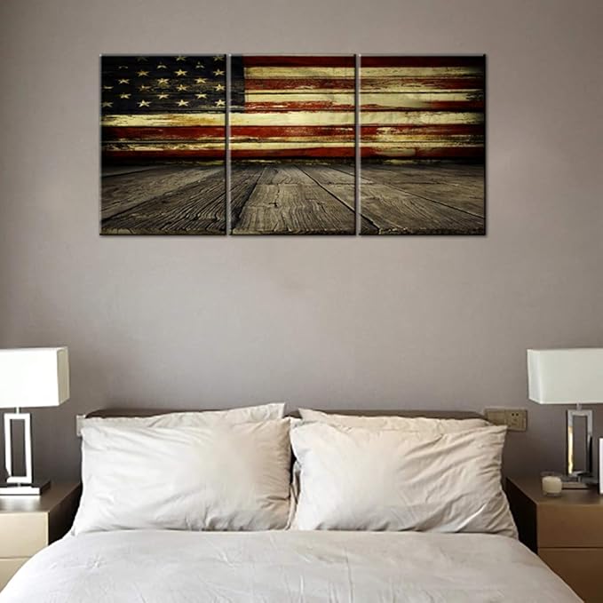 Native American Flag Pictures Patriotic Artwork for Living Room Red White Stripes Paintings 3 Piece Prints Wall Art on Canvas Country House Decor Framed Gallery-Wrapped Ready to Hang (60''Wx28''H)