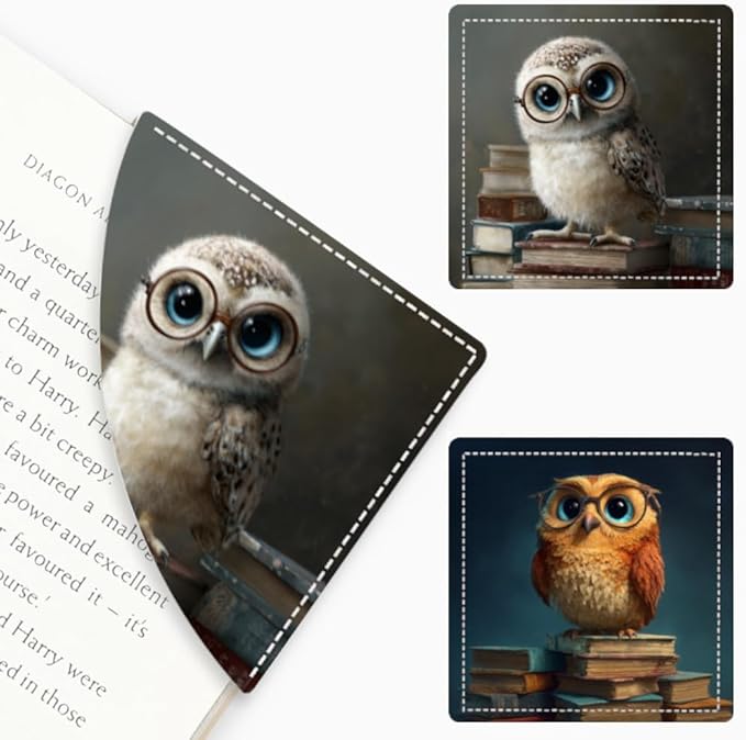2PCS Leather Bookmarks 3.54 x 3.54 Inch Night Owl with Glasses and Vintage Books Design Reading Accessories for Books Journals Bibles Travel Diary Students Teachers and Book Lovers Gift