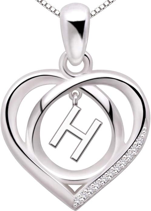 ALOV Jewelry Sterling Silver Initial Letter Alphabet Love Heart Cubic Zirconia Pendant Necklace