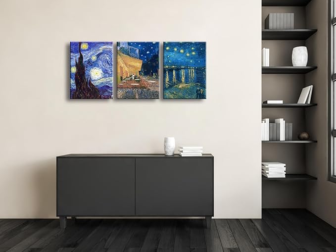 Wieco Art 3 Panels Canvas Prints of Vincent Van Gogh Paintings Reproduction Starry Night Over the Rhone Cafe Terrace at Night Canvas Wall Art for Living Room Home Office Decor
