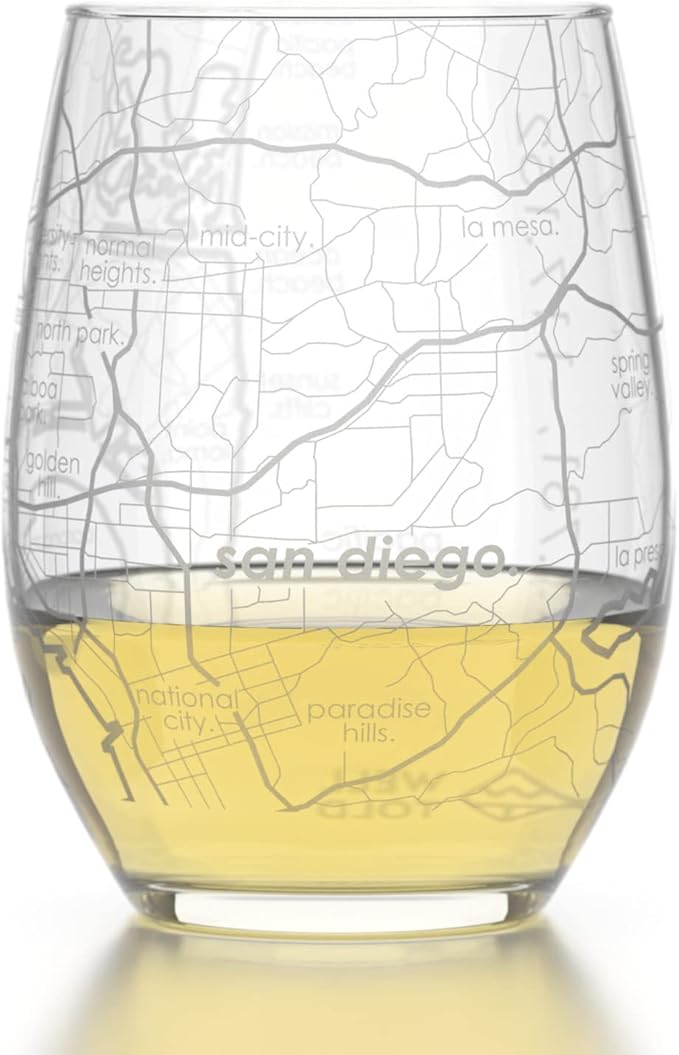 Well Told Engraved San Diego California Map Stemless Wine Glass, Etched Glass (15 oz, Clear) City Custom Gifts for Lovers