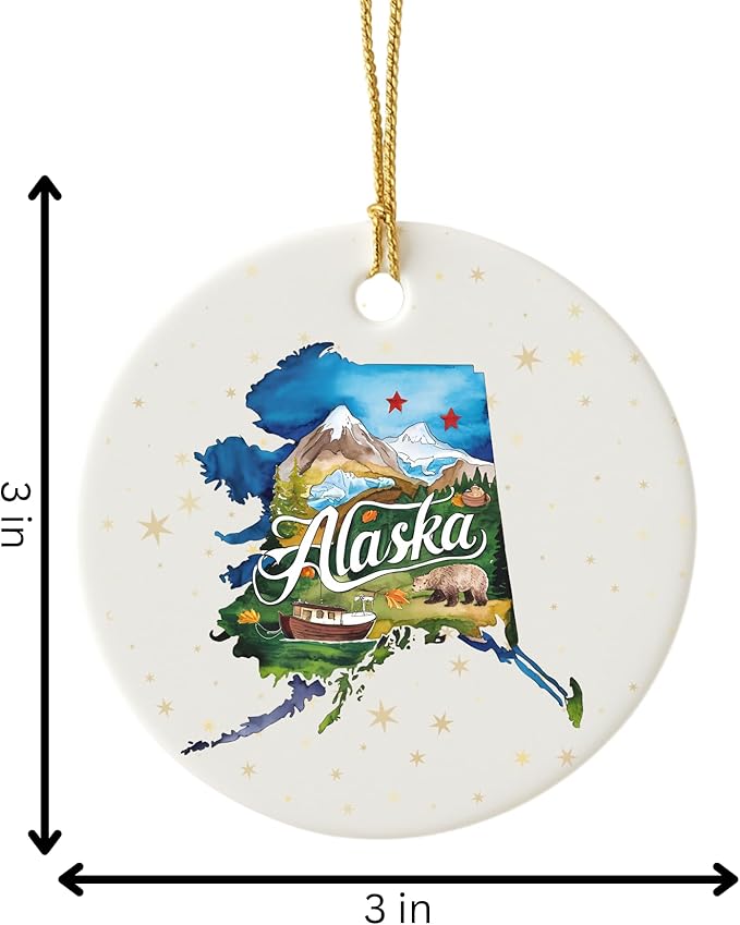 USA State Landmark Ceramic Ornament – Round Glossy Christmas Decoration Featuring U.S. State Art, Landmarks & Holiday Scenery – Collectible Travel Souvenir Ornament Series (Alaska)