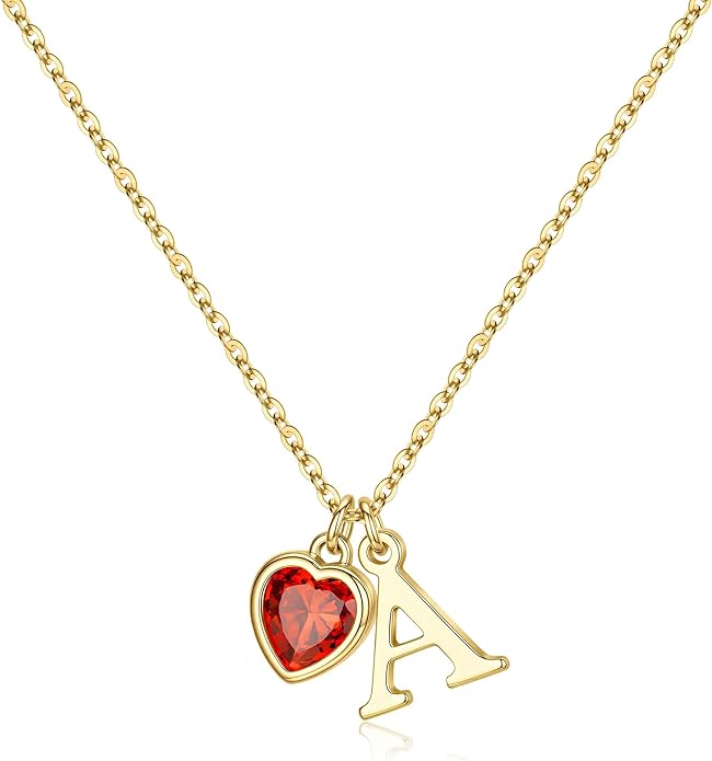 Turandoss Valentines Day Gifts for Her Trendy, Dainty 14K Gold Plated Initial A-Z Heart Birthstone Pendant Necklace Personalized Bridesmaid Birthday Valentines Jewelry Gifts for Women Girls
