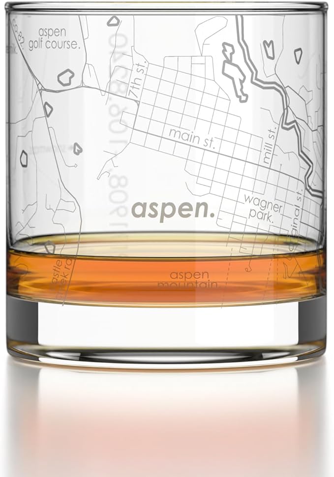 Well Told Engraved Aspen Colorado Map Rocks Glass, Old Fashioned Glassware (11 oz, Clear) Etched Bourbon Tumbler, Gifts For Whiskey Lovers