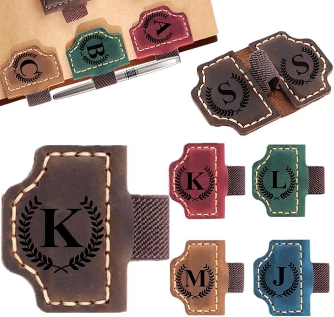 Custom Bookmark with Pen Holder with 26 Letters Personalized Magnetic Leather Book Mark, Customized Name Book Marker Clip with Initial for Men Women, Gifts for Book Lovers, Readers, (Coffee, K)