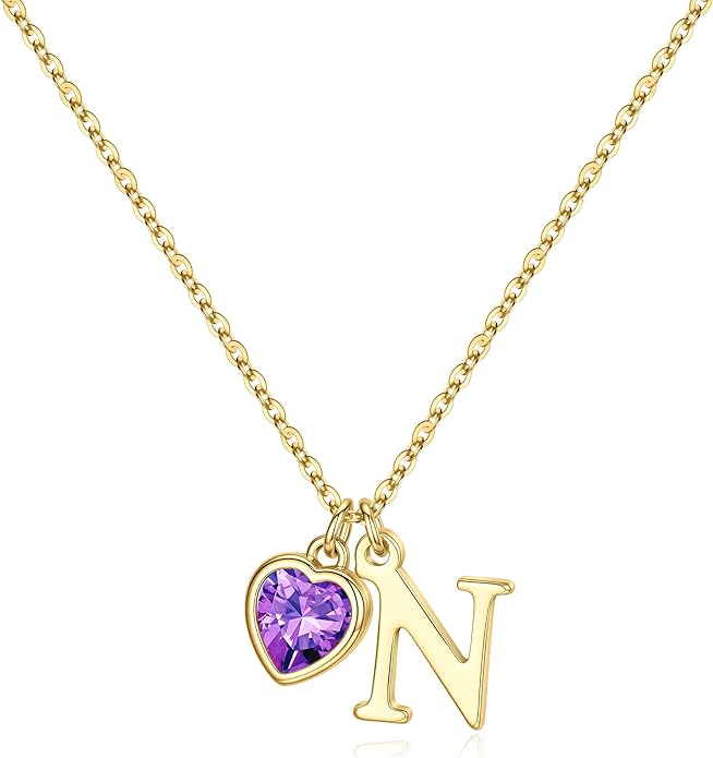Turandoss Valentines Day Gifts for Her Trendy, Dainty 14K Gold Plated Initial A-Z Heart Birthstone Pendant Necklace Personalized Bridesmaid Birthday Valentines Jewelry Gifts for Women Girls