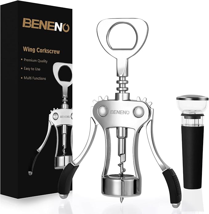 Beneno Wine Opener with Silicone Leak Proof Wine Vacuum Stopper, Zinc Alloy Premium Wing Corkscrew with Multifunctional Bottles Opener, Matte Black