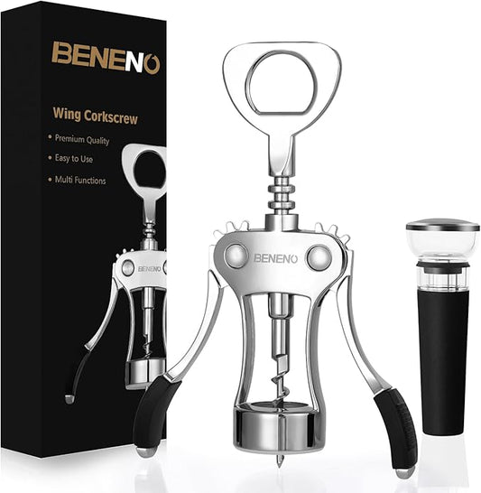 Beneno Wine Opener with Silicone Leak Proof Wine Vacuum Stopper, Zinc Alloy Premium Wing Corkscrew with Multifunctional Bottles Opener, Matte Black