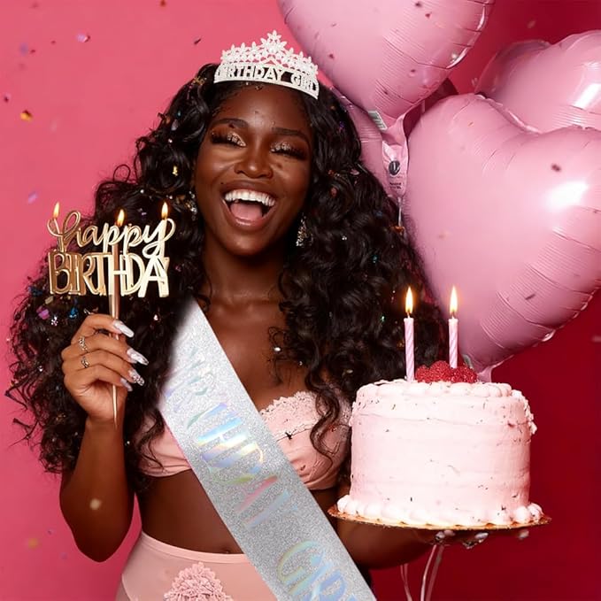 Sliver Birthday Girl Crown and Sash, Pearl Birthday Tiara,Sliver Birthdays Decorations Set, Princess Crown Tiara for Women and Girls
