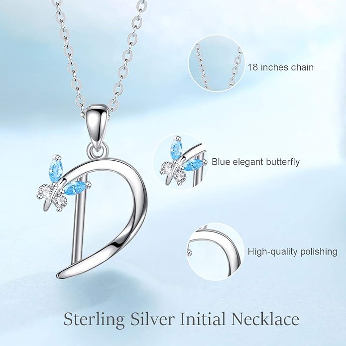 EUDORA Sterling Silver Butterfly Initial Necklaces for Women, Elegant Letter Neckles Personalized Gift for Mother, Sister, Daughter, 18 inch Chai