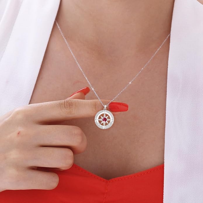 S925 Necklace Birthstone Compass Gift for Women Jewelry Sterling Silver Necklace for Wife Wedding Anniversary Girlfriend Birthday Gifts for Her Valentines Day Mom Mothers Day