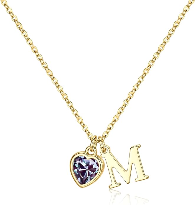 Turandoss Valentines Day Gifts for Her Trendy, Dainty 14K Gold Plated Initial A-Z Heart Birthstone Pendant Necklace Personalized Bridesmaid Birthday Valentines Jewelry Gifts for Women Girls