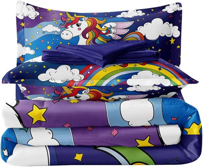 Unicorn Comforter Set - 5PCS Bedding Set for Girls, Rainbow Unicorn Theme, Bed in a Bag with Flat & Fitted Sheet, Pillowcase