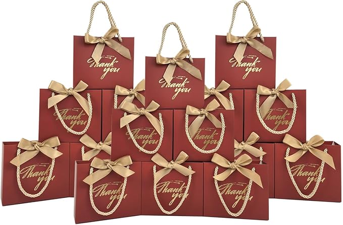 TKSBAG 100 Pack Small Thank You Gift Bags with Handles, 5.5''x 2.5''x4.7'' Mini Red Gift Bags Bulk for Baby Shower, Birthday, Wedding, Party Favors