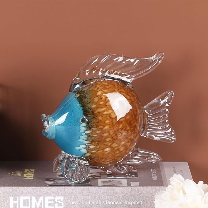 QIANLING Glass Fish Figurines - Coastal Home Decor, Modern Ocean Centerpieces for Living Room, Dining Area, Bathroom, Office, Coffee Table, Beach House, Nautical, Seaside, Entrance, Shelf Display
