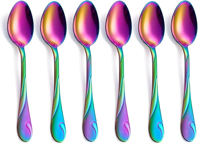 Rainbow Dessert Spoons, Seeshine 6.5-inch Stainless Steel Shiny Rainbow Teaspoon, Espresso Coffee Spoon, Tea Spoons Silverware, Set of 6