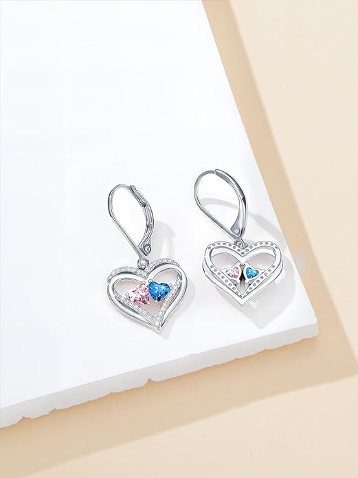 Heart Leverback Earrings Double Birthstone Dangle Earrings for Women, Love Jewelry for Her, Christmas Gifts for Women, Anniversary Birthday Gift for Mom Wife Girlfriend