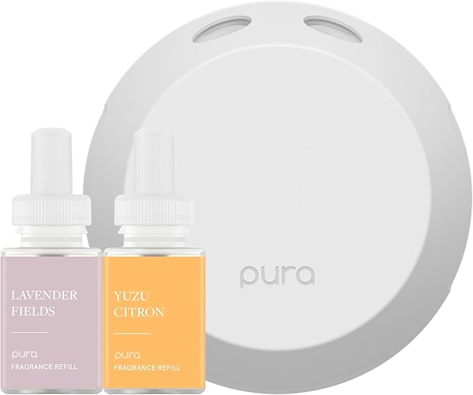Pura - Smart Home Fragrance Device Starter Set - Pura 4 - Scent Diffuser for Home - Includes Fragrance Aroma Diffuser - Square Box, Lavender Fields and Yuzu Citron Scent Refills
