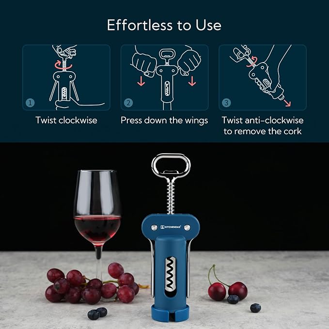 KITCHENDAO 3 in 1 Wing Corkscrew Wine Bottle Opener with Foil Cutter, Built-in Beer Bottle Opener, Multifunctional Wine Opener with Non-Stick Sharp Screw, Easy to Use, Manual Wine Corkscrew, Blue